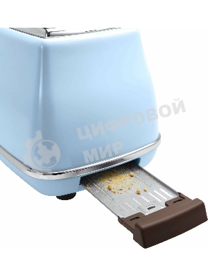 Тостер DeLonghi CTOV 2103.AZ, 900 Вт, на 2 тоста, разморозка, обжаривание, решетка для подогрева, поддон, голубой