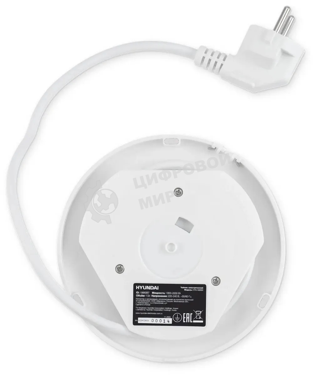 Чайник электрический Hyundai HYK-G9990 1.6 л, 2000 Вт, белый/серебристый корпус: стекло