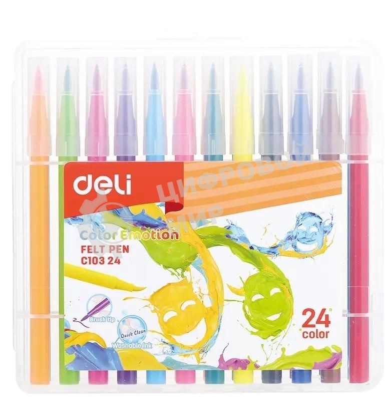 Фломастеры Deli EC10324 Color Emotion кисть, смываемые, 24 цвета, пластиковый пенал (24шт)