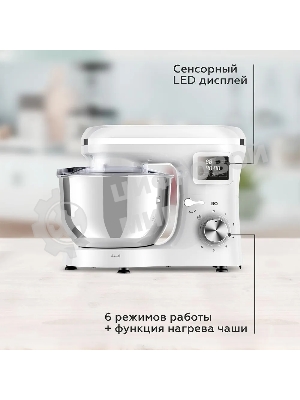 Планетарный миксер BQ MX640 White. Максимальная мощность 1600 Вт/Чаша из нержавеющей стали 6 л/Функция ферментации/Подогрев чаши до 40'C/Электронное управление/Металлические насадки в комплекте/Металлические шестерни/Двойная защита: от перегрева, от перегрузки/Защтная крышка от брызг/LED подсветка/Длина сетевого шнура 1 м