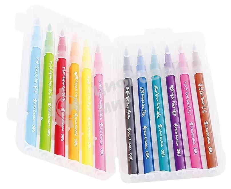 Фломастеры Deli EC10304 Color Emotion кисть, смываемые, 12 цветов, пластиковый пенал (12шт)