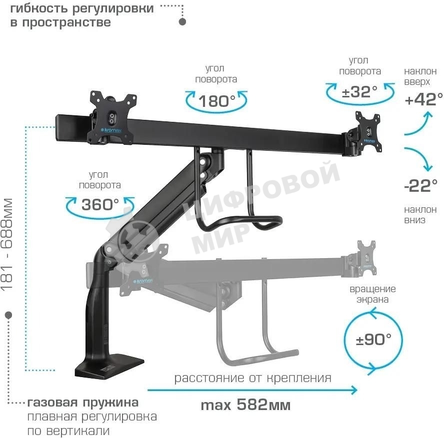 Кронштейн Kromax OFFICE-20 черный, 1 шт/уп. Кр. алюм. настол. для мон. 17