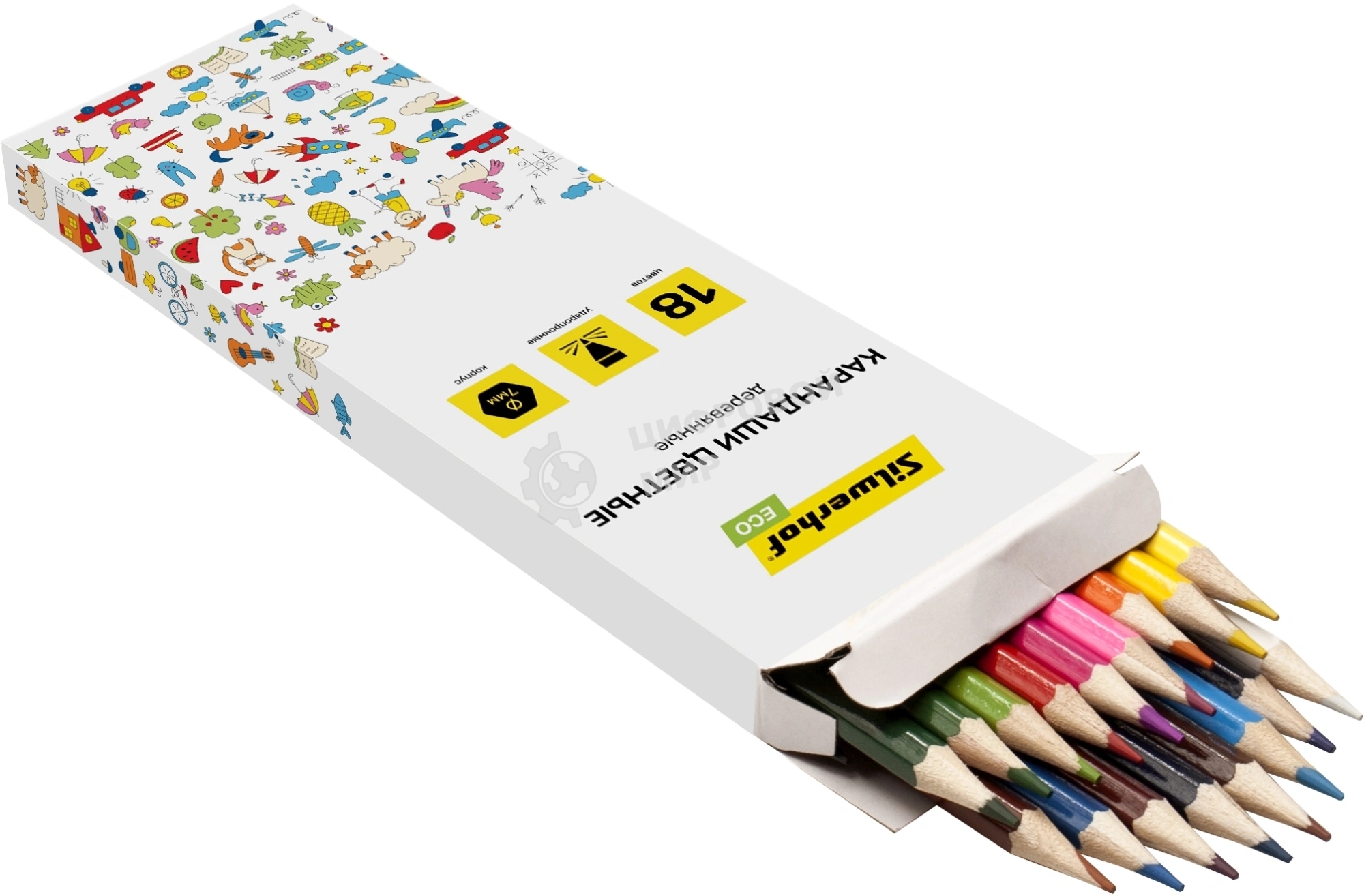 Карандаши цветные Silwerhof Eco 2.65 мм, шестигранный профиль, дерево, ассорти, 18 цветов, коробка с европодвесом