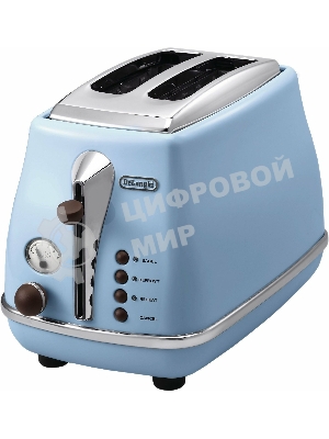Тостер DeLonghi CTOV 2103.AZ, 900 Вт, на 2 тоста, разморозка, обжаривание, решетка для подогрева, поддон, голубой