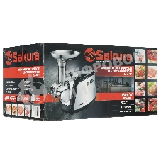 Мясорубка электрическая Sakura SA-6407 серый, 1800 Вт, 2.0 кг/мин, реверс, защита от перегрузки, металлический лоток, насадки - 5