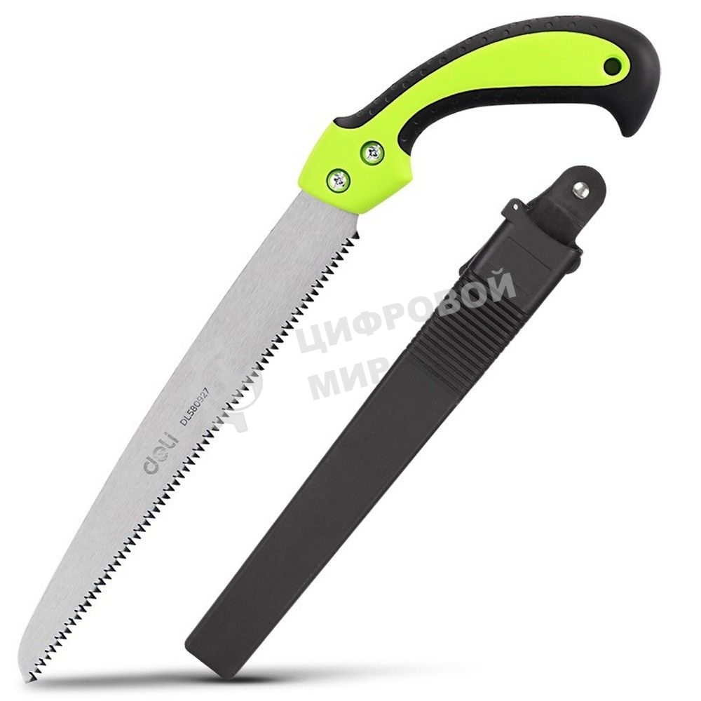 Садовая пила с ножнами Deli DL580927 270мм, сталь 65Mn, шаг зубьев 7TPI, обрезиненая ручка, шлифовка зубов с 3-х сторон, двухрядное распределение кромок