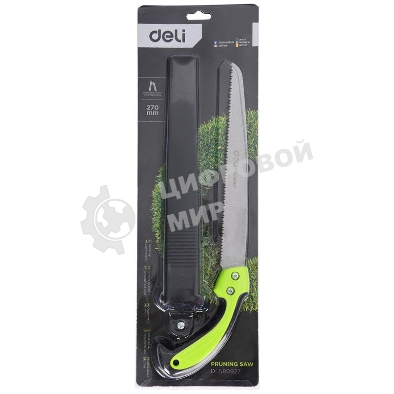 Садовая пила с ножнами Deli DL580927 270мм, сталь 65Mn, шаг зубьев 7TPI, обрезиненая ручка, шлифовка зубов с 3-х сторон, двухрядное распределение кромок