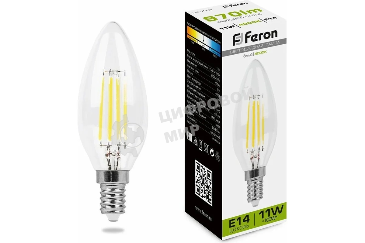 Лампа светодиодная Feron LB-713 11Вт Е14 белый свеча FILAMENT