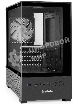 Компьютерный корпус Minitower ExeGate i3 SEA (mATX, без БП, 1*USB+1*USB 3.0, HD аудио, черный, 1 вент. 12см с RGb подсветкой, передняя и боковая панели - закаленное стекло)