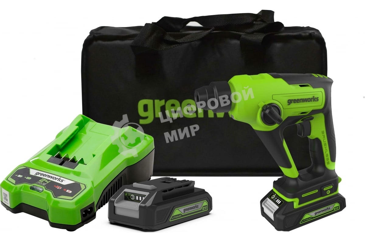 Перфоратор аккумуляторный бесщеточный GreenWorks GD24SDS1K2, 1,2 ДЖ, 24V, c АКБ 2А·ч и ЗУ, в сумке (3803107UA)