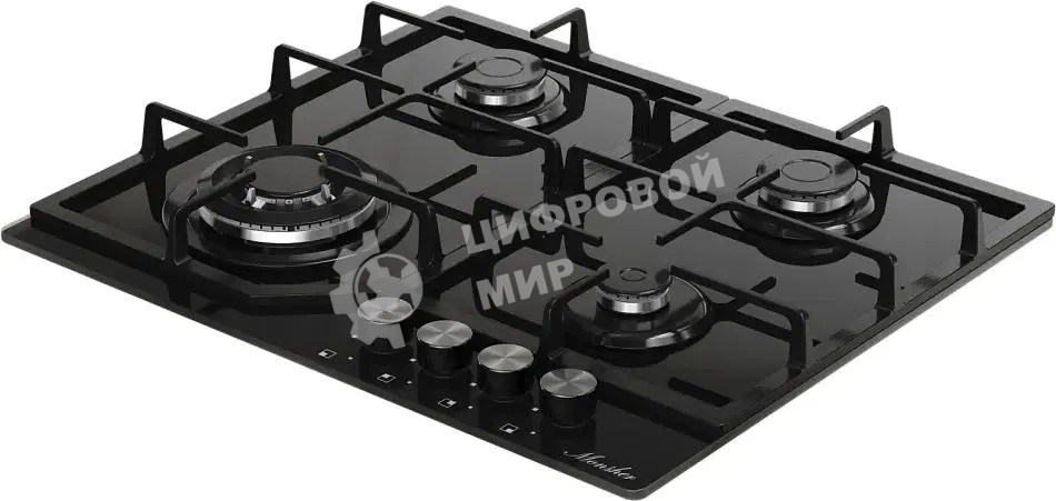 Варочная поверхность MONSHER/ Варочная поверхность MONSHER, газ, High-Tech, 59 см, автоматический электроподжиг, газ-контроль, форсунки под сжиженый газ, SABAF конфорки, чугунные решетки, черный