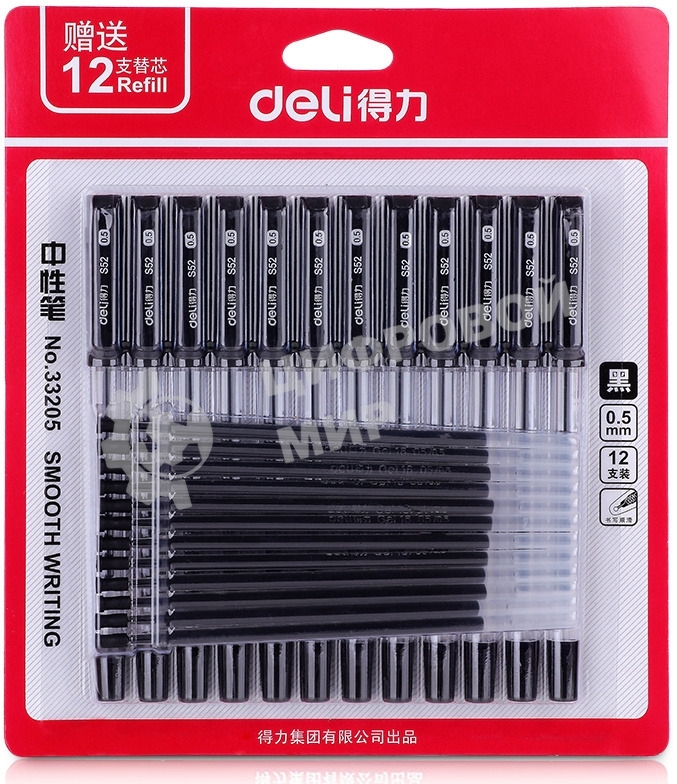 Набор ручек гелевых Deli 33205-BK прозрачный/черный, черные чернила, блистер (12шт), линия 0.5мм, резиновая манжета 12 ручек + 12 сменных стержней