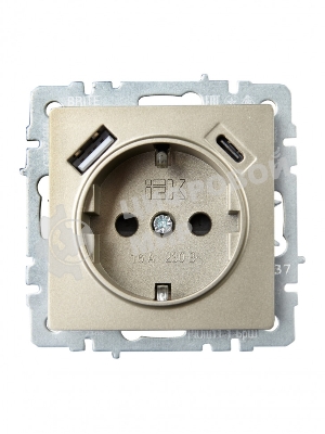 Розетка 1-местная IEK BRITE РЮш11-1-БрШ (BR-R14-16-U22-018-K37) с заземлением, с защитными шторками, 16А, с USB A+C 18 Вт, шампань
