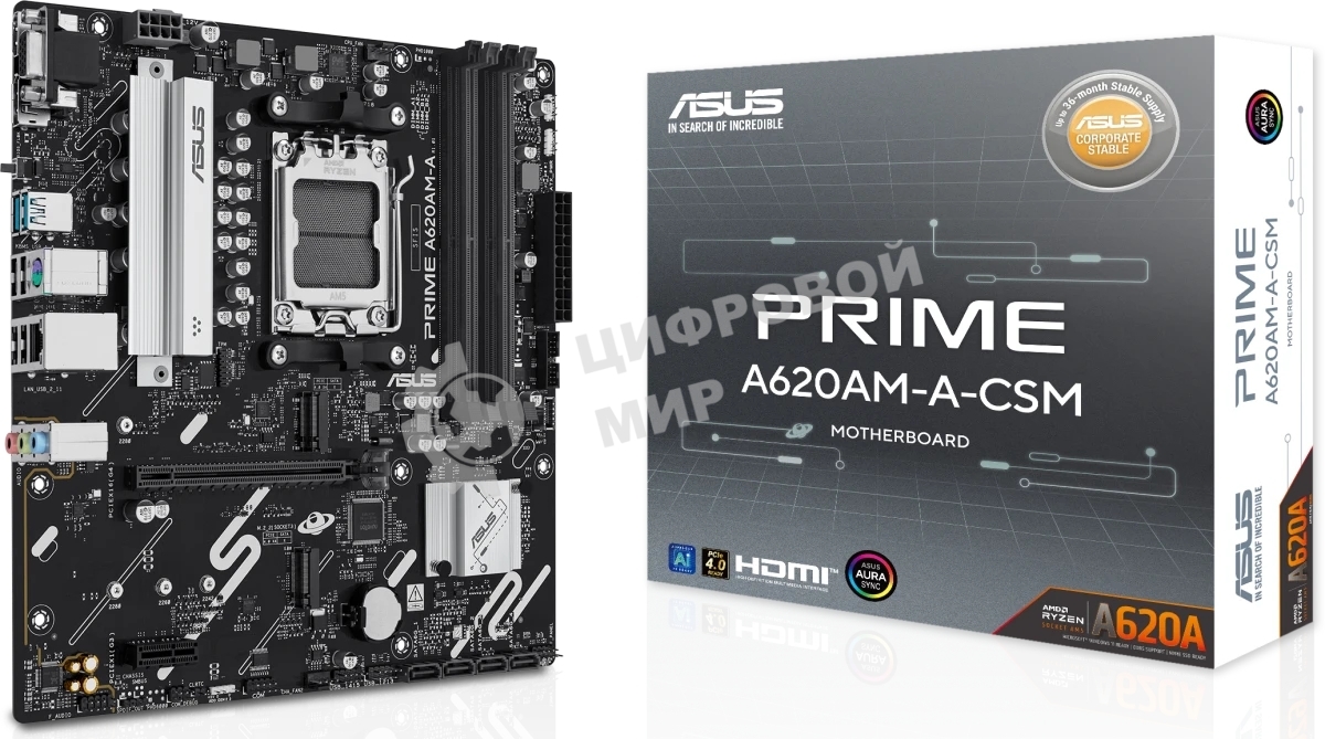 Материнская плата ASUS PRIME A620M-A-CSM, AM5, AMD A620, 4xDDR5, 4xSATA, 2xM.2, 1xPCIe 4.0 x16, 2xPCIe 3.0 x1, 1xVGA, 1xHDMI, 1xDP, 1x1Gb LAN, 2xUSB-A 5Gbps, 4xUSB-A 2.0, 3x3.5 мм, 7.1, mATX