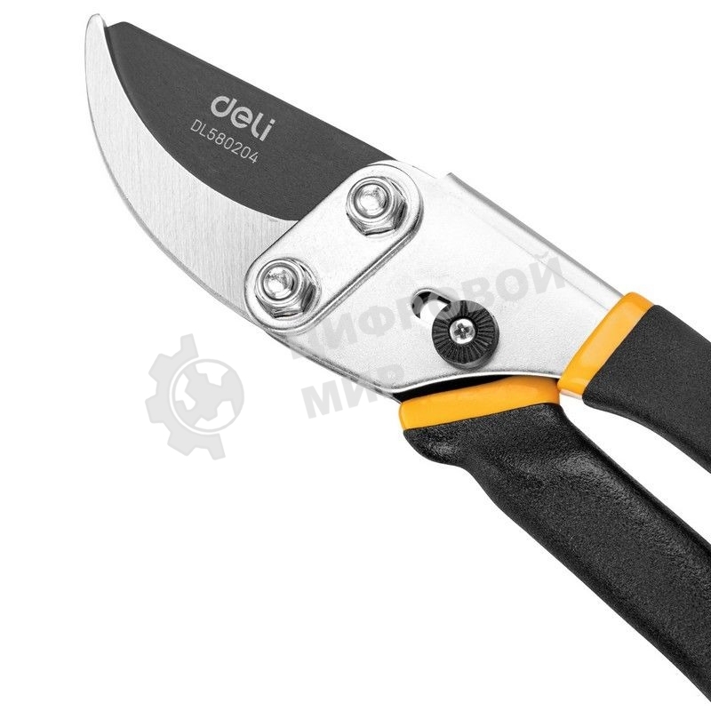 Секатор Deli DL580204 Размер 200 мм. Макс диаметр резки 15 мм. Сталь 55С. Термообработанная поверхность. Тефлоновая уплотненная пластиковая ручка.