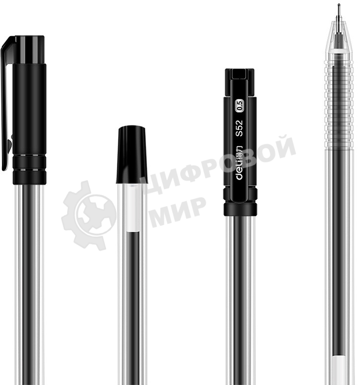 Набор ручек гелевых Deli 33205-BK прозрачный/черный, черные чернила, блистер (12шт), линия 0.5мм, резиновая манжета 12 ручек + 12 сменных стержней