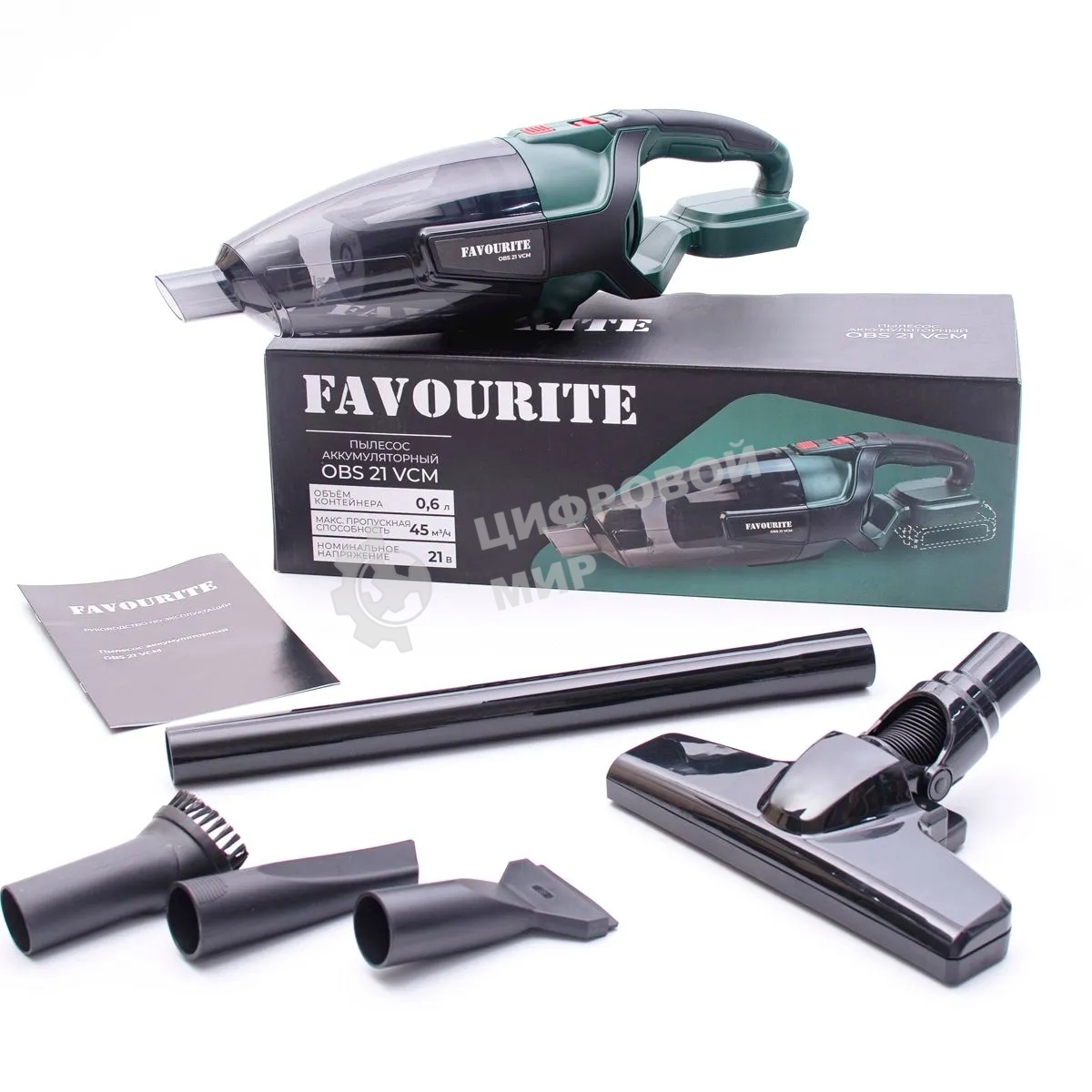 Пылесос автомобильный FAVOURITE OBS 21 VCM (Без АКБ и ЗУ) зелёный, 21 Вт, уборка сухая, пылесборник контейнер 0.6 л
