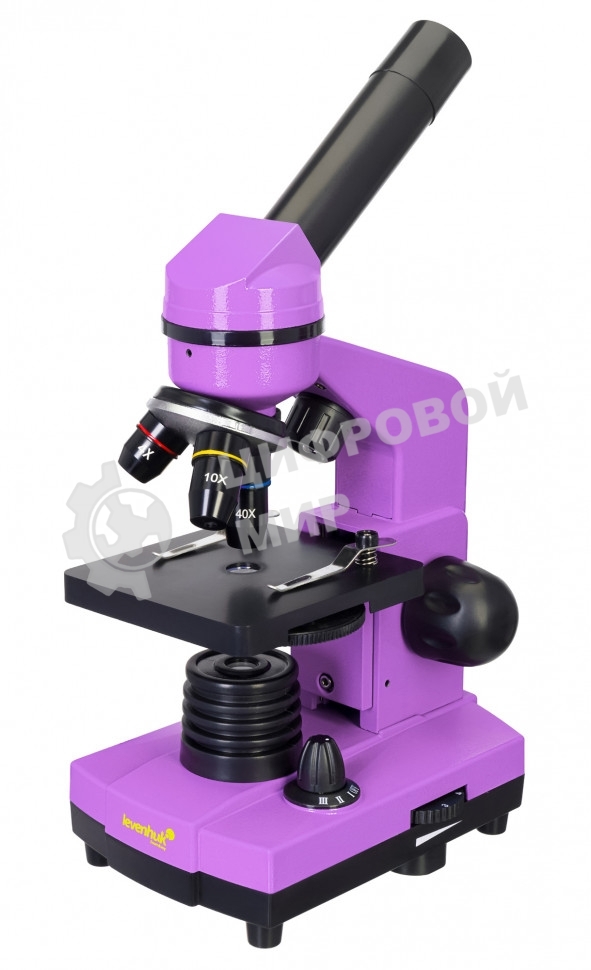 Микроскоп Levenhuk RAINBOW 2L AMETHYST/Аметист Микроскоп с предметным столиком, трехгнездным револьвером, фокусировочным механизмом, двумя источниками света с регулировкой яркости Монокулярная насадка Объективы: 4х, 10х, 40х, Увеличение микроскопа: 64-640x