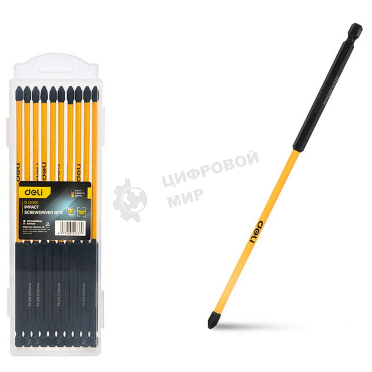 Набор торсионных бит для ударных шуруповертов 10шт Deli DL251200 PH2x200мм, сталь S2, пласт.кейс