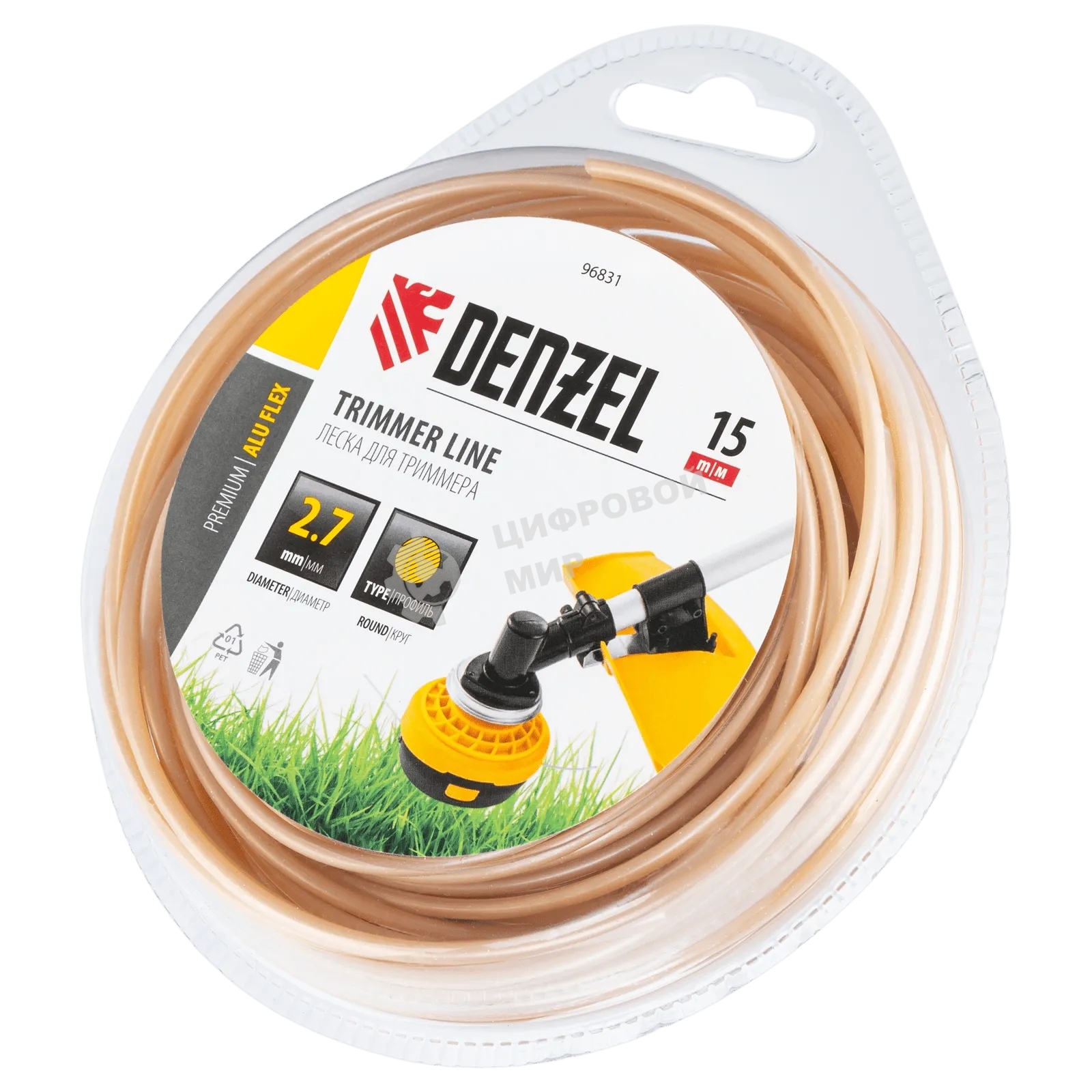 Леска для триммера Denzel круглая, 2,7мм х 15м, блистер