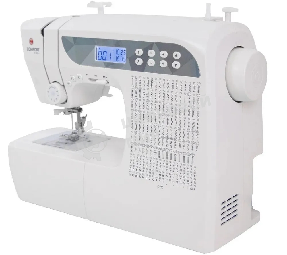 Швейная машина Comfort 1001 200 операций, 9 видов петель, жк дисплей, нитевдеватель, горизонтальный челнок, русск./англ. алфавит, плавная регулировка скорости на корпусе, регулятор давления лапки, нитевдеватель, возможность шитья двойной иглой, возможност