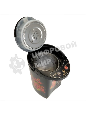 Термопот ВАСИЛИСА ВА-5007 Жостово Объем 4,5 л, Мощность в режиме кипячения 900 Вт. Мощность в режиме поддержания температуры воды 30 Вт. Внутренняя емкость из нержавеющей стали. Вращение корпуса на основании на 360°. Шкала уровня воды. Световые индикаторы работы. 3 способа разлива воды: ручной, автоматический, электрический. Режим поддержания температуры воды. Функции повторного кипячения и дехлорирования воды. Съемный сетевой шнур электропитания. Съемная крышка для удобства очистки. Защита от перегрева. Блокировка ручной помпы от случайного нажатия. Автоматическое отключение при недостаточном количестве воды. Цвет: черный. Декор: Жостово.