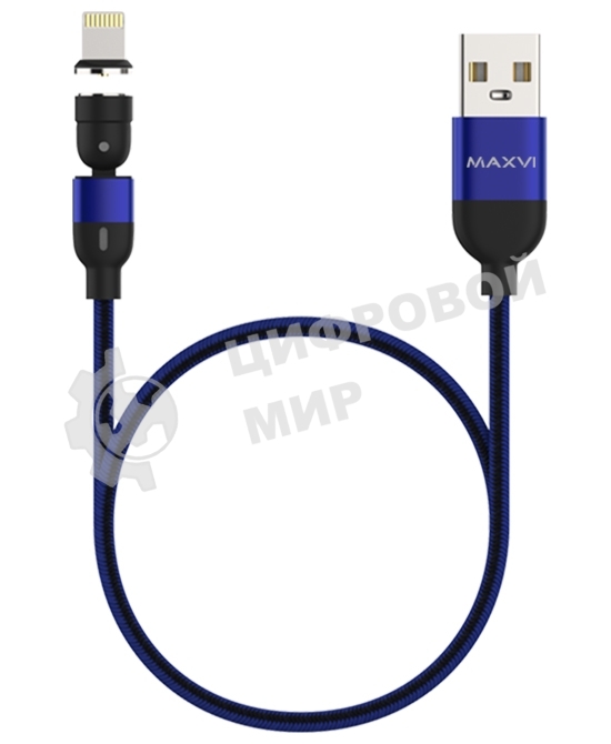 Кабель Maxvi MCm-02L blue, USB-A - Lightning, 2A, магнитный разъем, LED ток макс. нагрузки 2А, макс. напряжение 5V; стандарт USB 2.0; длина 1.5м, нейлоновая оплетка, съемный магнитный коннектор, LED подсветка, синий