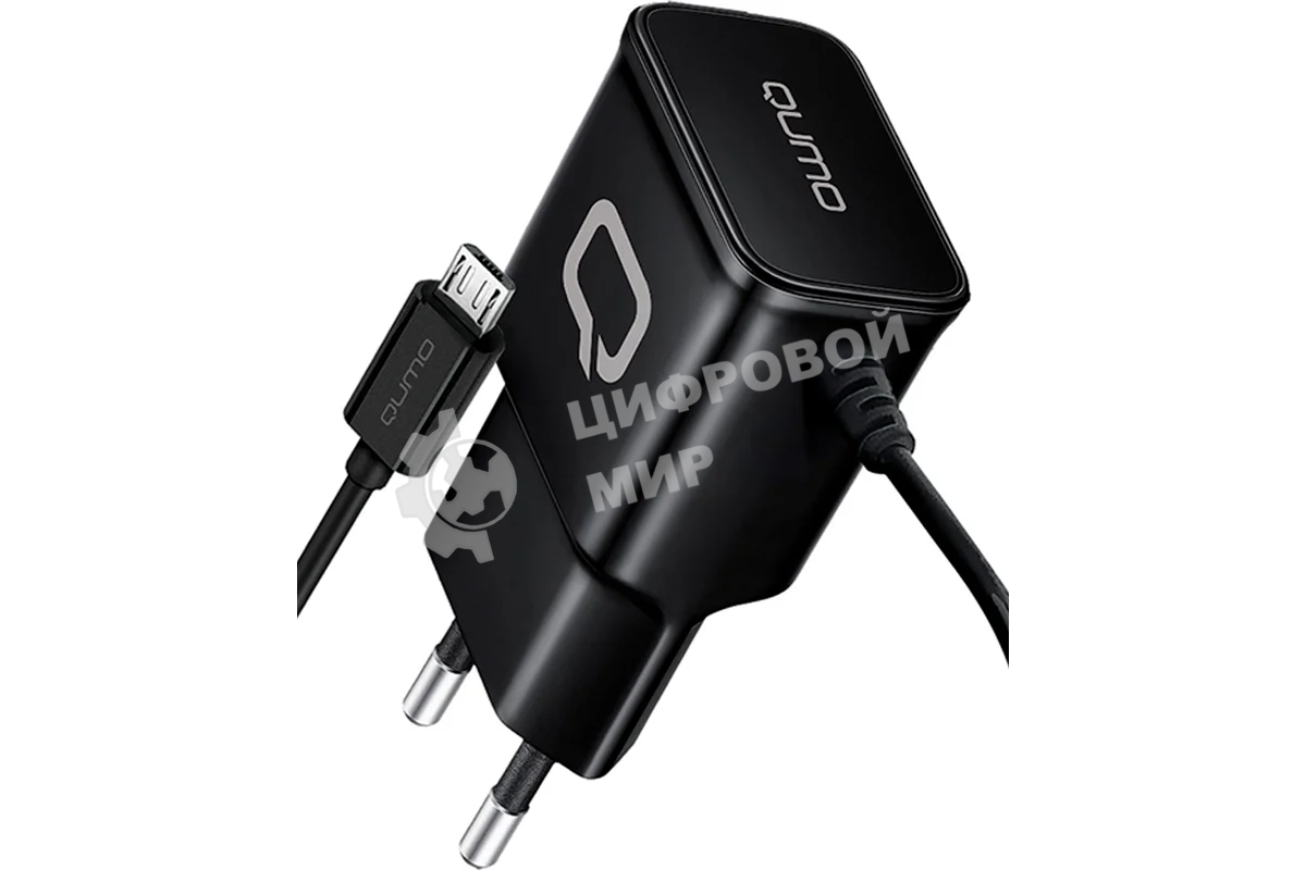 Сетевое зарядное устройство Qumo Energy (Charger 0024) 2.1A, встроенный кабель MicroUSB, черный