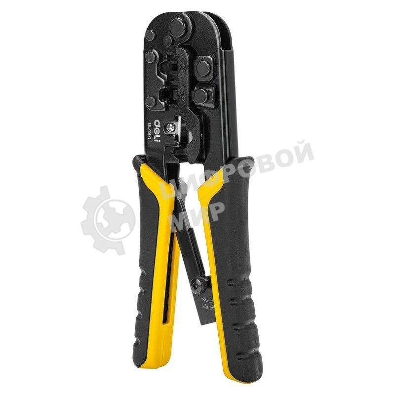 Обжимные клещи Deli DL4971 4P,6P,8P Размер: 200 мм. Спецификация обжима: 4P, 6P, 8P. Сталь A3 с черным покрытием. Ручка из ПВХ и ТПР. Храповой механизм. Подходит для витой пары UTP/STP и телефонных кабелей.