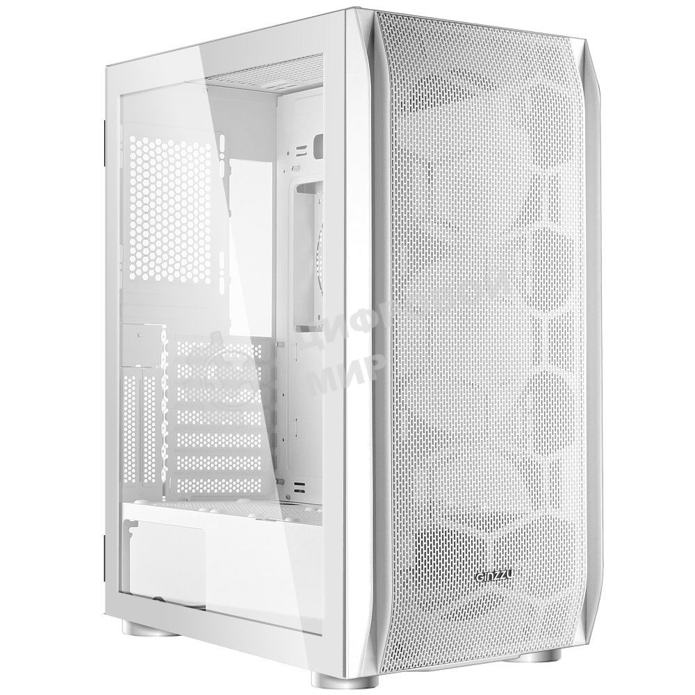 Компьютерный корпус Ginzzu GL 185 белый боковая дверца закаленное стекло на петлях на магнитах