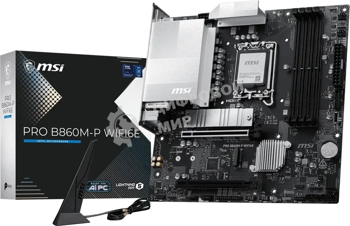 Материнская плата MSI PRO B860M-P WIFI6E, LGA 1851, Intel B860, 4xDDR5 (до 256 ГБ), 4xSATA, 2xM.2 (1xPCIe 5.0, 1xPCIe 4.0), 1xPCIe 5.0 x16, 1xPCIe 4.0 x16, 1xVGA, 1xHDMI, 2xDP, 1x2.5Gb LAN, Wi-Fi 6E, Bluetooth 5.3, 3xUSB-A 5Gbps, 2xUSB-A 2.0, 3x3.5 мм, 7.1, чёрный, mATX