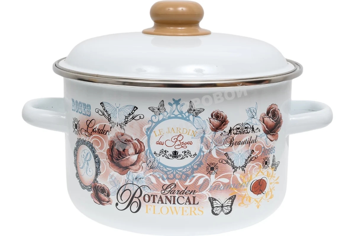 Кастрюля Appetite 1RD201М Roses с крышкой, эмалированная сталь, цилиндрическая 4 л