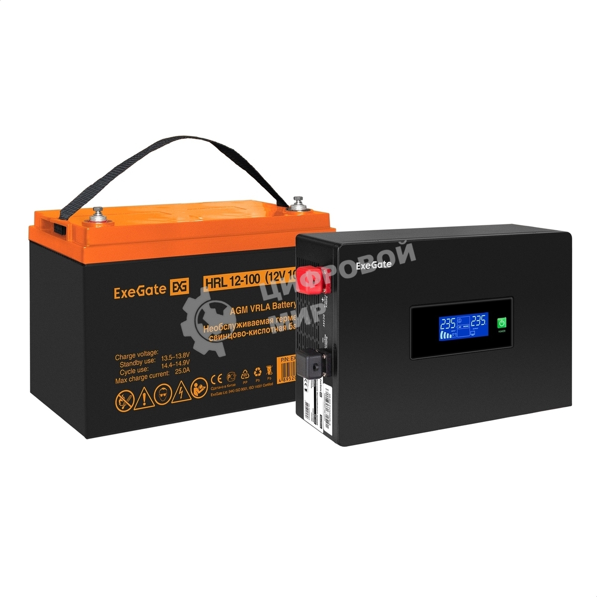 Комплект Источник бесперебойного питания EX295993RUS + батарея 100Aч EX285656RUS 1шт (инвертор, синус, для котла, PF=1, настенный) ExeGate IdealSine SR-1000.LCD.2SH 1000VA/1000W, чистая синусоида, цветной LCD-дисплей, 2*Schuko, крепление настенное, Black + батарея ExeGate HRL 12-100 (12В, 100А·ч) 1шт