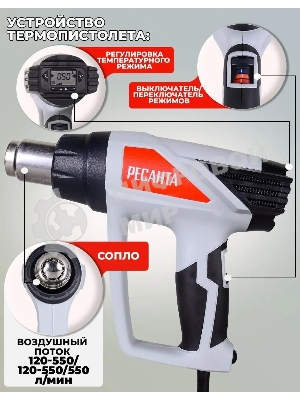 Фен технический Ресанта ФЭ-2000ЭКД 2000Вт темп.50/70-600С