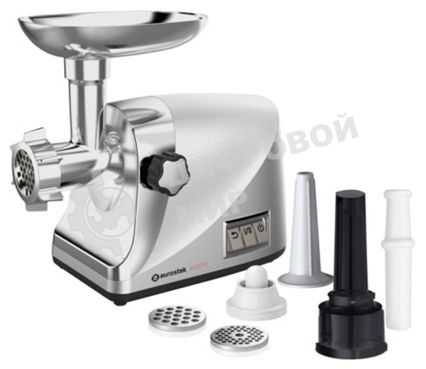 Мясорубка электрическая Eurostek EMG-Y777M металлик, 3000 Вт, 2 кг/мин, реверс, защита от перегрузки, насадки - 4