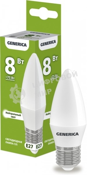 Лампа светодиодная C35 свеча 8Вт 230В 4000К E27 GENERICA