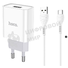 Блок питания (сетевой адаптер) HOCO C81A Asombroso single 1xUSB с кабелем Type-C, 2.1A, 10W, белый