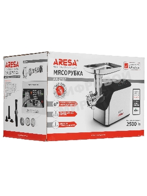 Мясорубка электрическая ARESA AR-2107 серебристый, 2500 Вт, 2.8 кг/мин, реверс, защита от перегрузки, насадки - 5