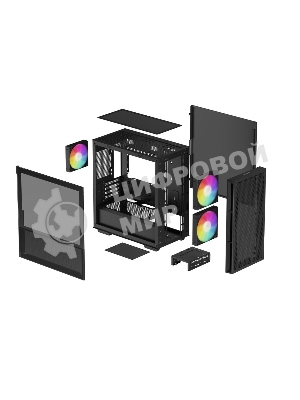 Компьютерный корпус Deepcool CH360 без БП, боковое окно (закаленное стекло), 2x140мм ARGb LED вентилятор спереди и 1x120мм ARGb LED вентилятор сзади, черный, mATX