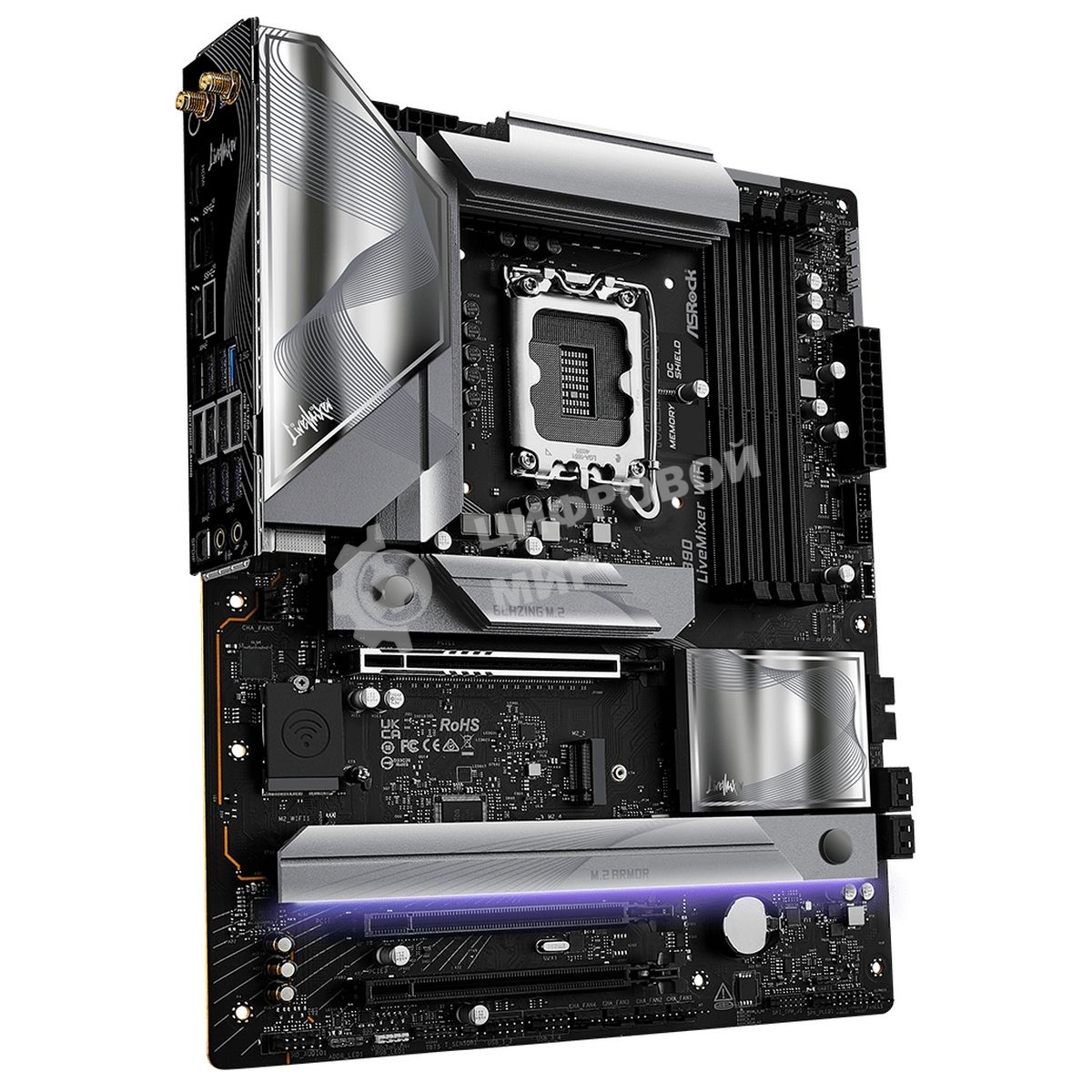Материнская плата ASRock Z890 LiveMixer WiFi, LGA 1851, Intel Z890, 4xDDR5, 4xSATA, 4xM.2, 1xPCIe 5.0 x16, 2xPCIe 4.0 x16, 2xUSB-C Thunderbolt 4, 10xUSB-A 3.2 Gen 1, 2xUSB-A 3.2 Gen 2, 1xHDMI, 1x2.5Gb LAN, 5x3.5 мм, 7.1, ATX