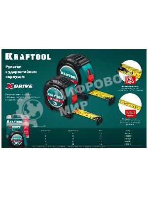 Рулетка KRAFTOOL X-Drive 3м/19мм с ударостойким обрезиненным корпусом