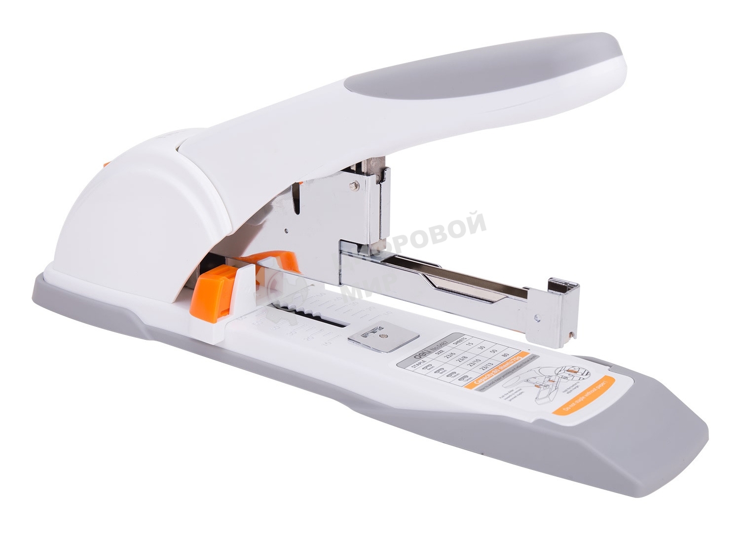 Степлер мощный Deli E0487 23/6 23/8 23/10 23/13 (80 листов) ассорти/белый, 100 скоб, коробка