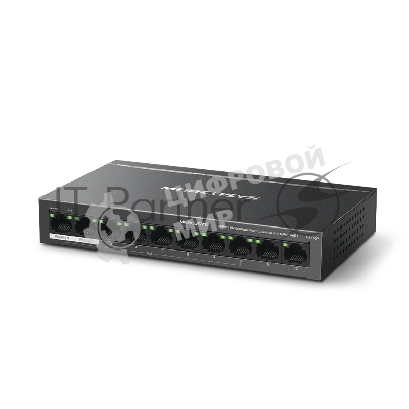 Коммутатор Mercusys MS110P, 8×100 Мбит/с PoE + 2×100 Мбит/с Uplink, неуправляемый