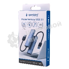 Разветвитель USB3.1 Gembird UHB-U3P7-01, 7хUSB, с доп.питанием (порт Type-C), кабель USB 19см, алюминий, коробка