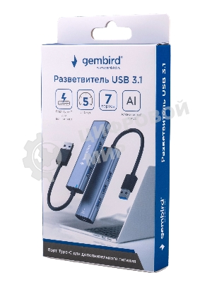 Разветвитель USB3.1 Gembird UHB-U3P7-01, 7хUSB, с доп.питанием (порт Type-C), кабель USB 19см, алюминий, коробка