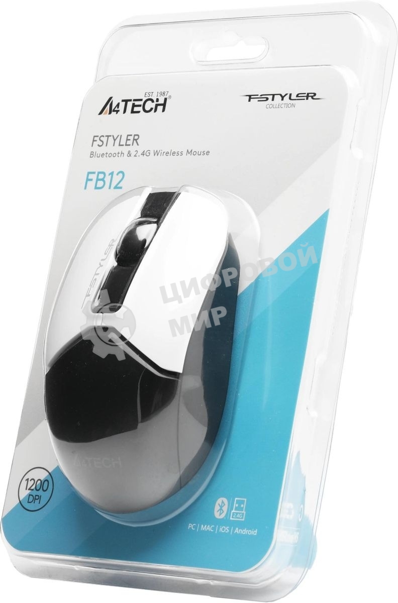 Мышь беспроводная A4Tech Fstyler FB12 белый/черный, 1200 dpi, радиоканал, Bluetooth, USB, кнопки - 3