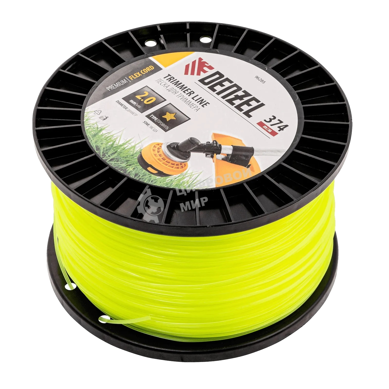 Леска для триммера Denzel звезда, 2,0мм х 374м, на DIN катушке FLEX CORD