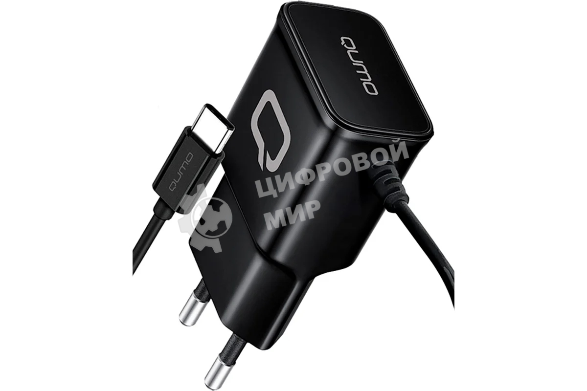 Сетевое зарядное устройство Qumo Energy (Charger 0025) 2.1A, встроенный кабель TYPE-C, черный