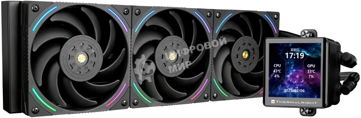 Система жидкостного охлаждения Thermalright Frozen Vision 360 V2 (360мм, LED, Black, ARGB/Fans: 3x120мм, 69CFM, 27dBA, 2150RPM/Pump height 60мм, 23dBA, 3000RPM, Rad thickness 27мм/S: 1700, 1200, 1851, 115X, 2011, 2066, AM5, AM4)