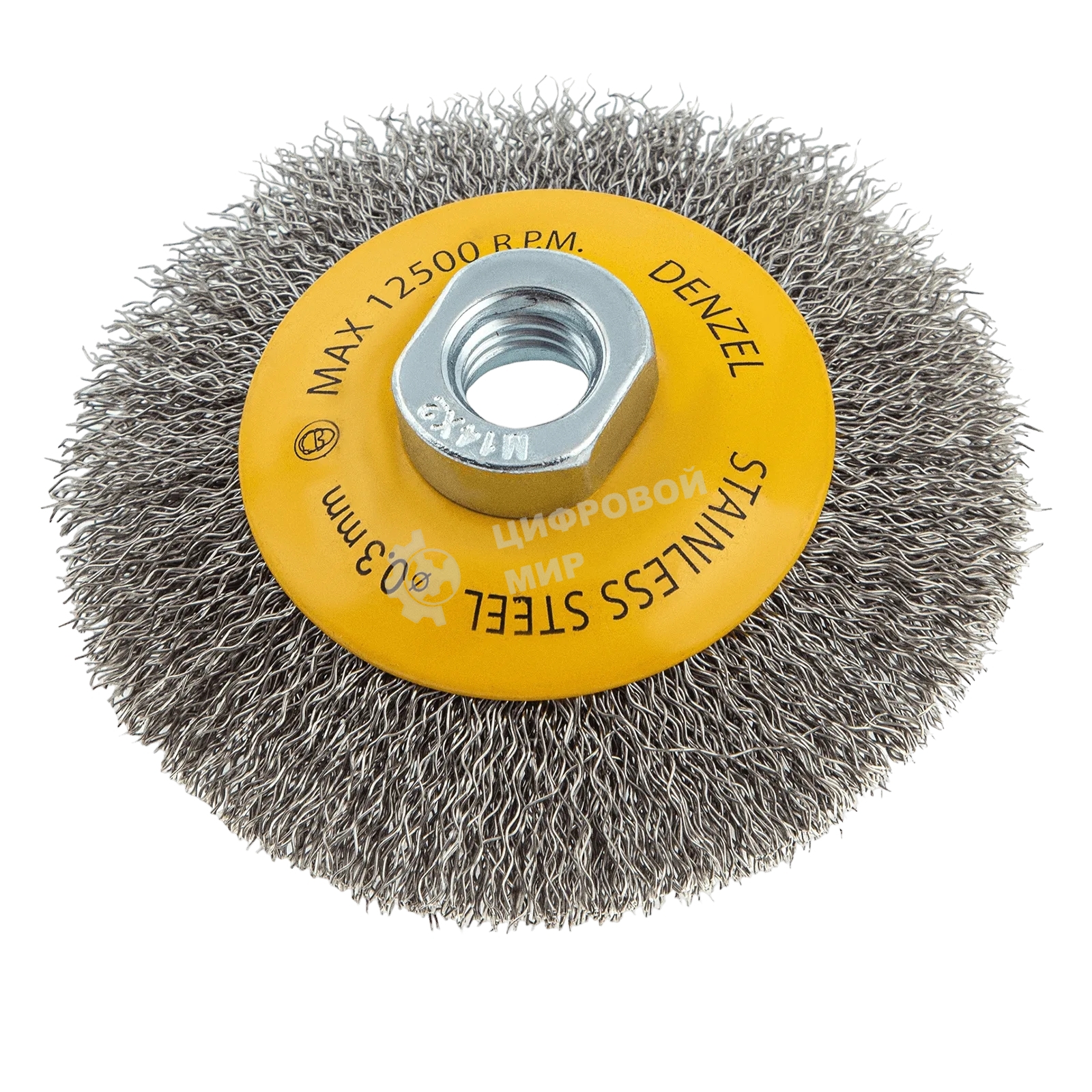 Щетка для УШМ Denzel 100 мм, М14, тарелка, витая нержавеющая проволока 0,3 мм